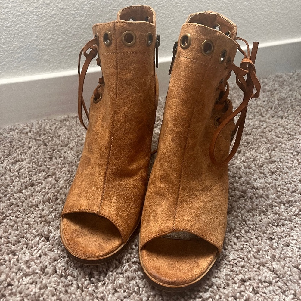 Suede peep toe booties